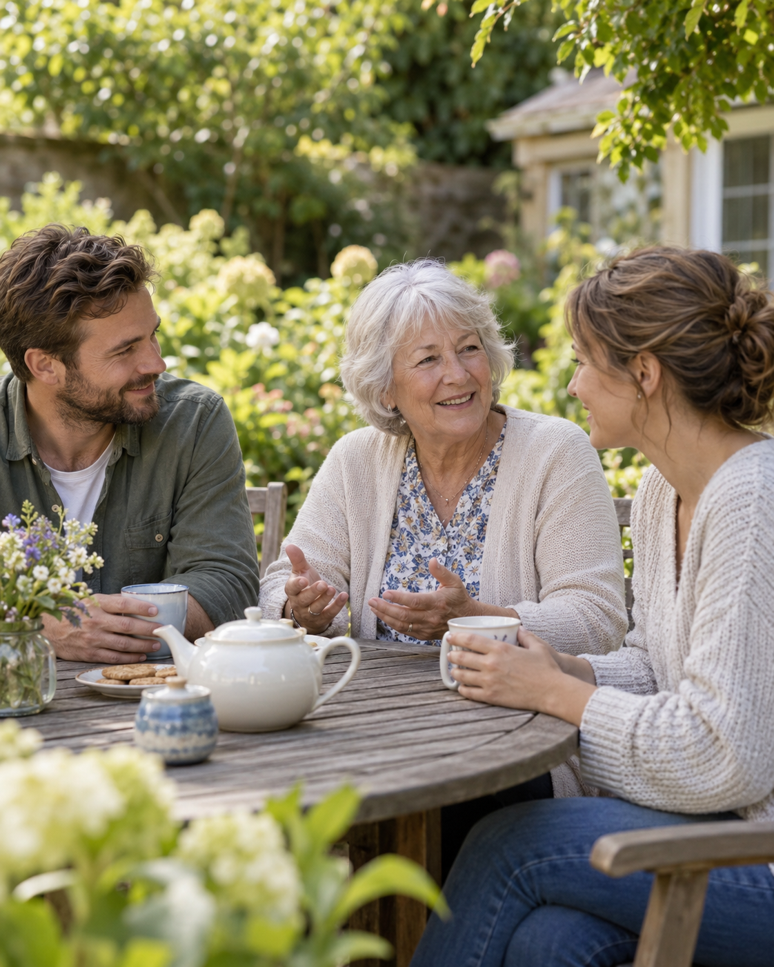 A family sharing tea and conversation around a garden table